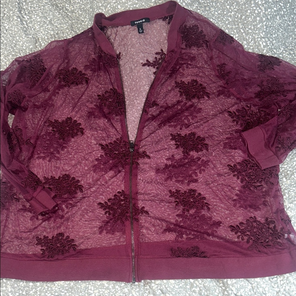 Torrid Deep Red Floral Lace Bomber Jacket